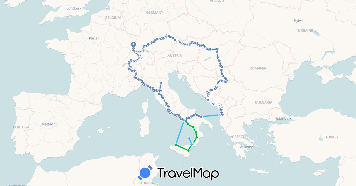 TravelMap itinerary: driving, bus, cycling, boat in Albania, Austria, Bosnia and Herzegovina, Switzerland, Germany, France, Croatia, Hungary, Italy, Montenegro, Serbia, Slovakia (Europe)